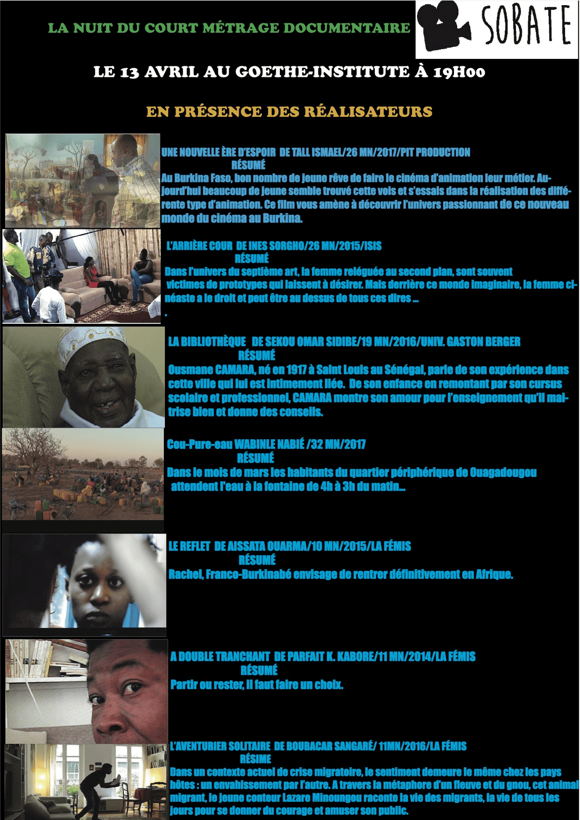 LA NUIT DU COURT MÉTRAGE DOCUMENTAIRE AUX RENCONTRES SOBATÈ